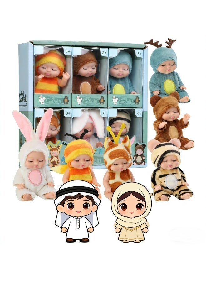 6pcs Mini Baby Dolls Gift Set, Cute Small Brown bear, Unicorn, Tiger, Giraffe, Rabbit, Bee Baby Doll Toys With Animal Clothes, Perfect Birthday, Holiday and Ramadan Gifts for Girls And Boys, Suitability Kids 3 and Up - Image 1